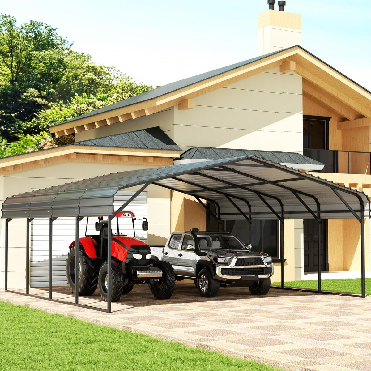 EBE 20' x 20' Outdoor Carport, Heavy Duty Metal Carports with Galvanized Steel Roof and Enhanced Base, Carport Canopy Car Shelter Shade for Cars, Ractor, Boat