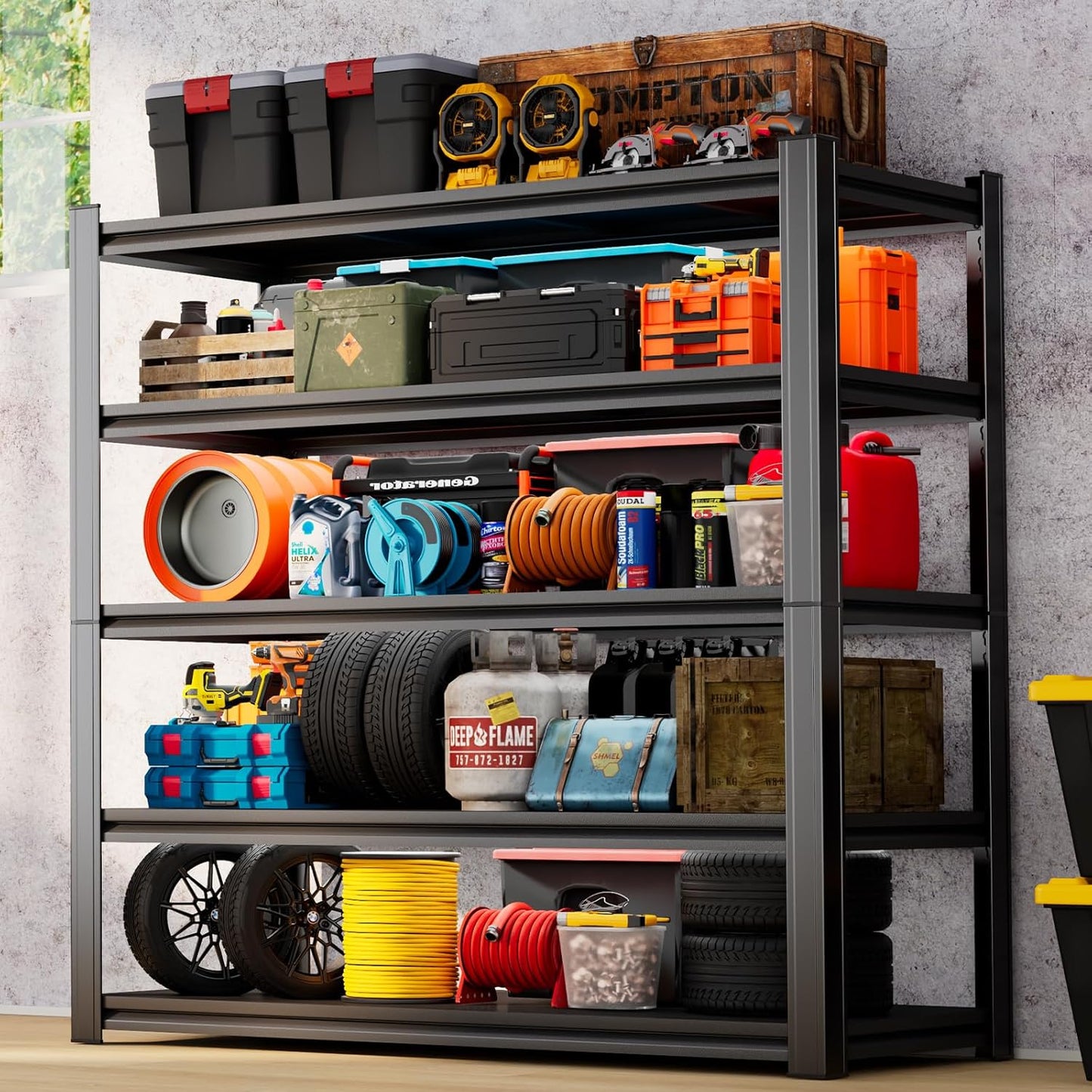 63''H Garage Shelving Heavy Duty Garage Storage Shelves, 3000LBS Capacity Adjustable 5 Tier Metal Industrial Shelf Rack for Kitchen, Utility Room, Warehouse and Basement, Black (16''Dx40''Wx63''H)