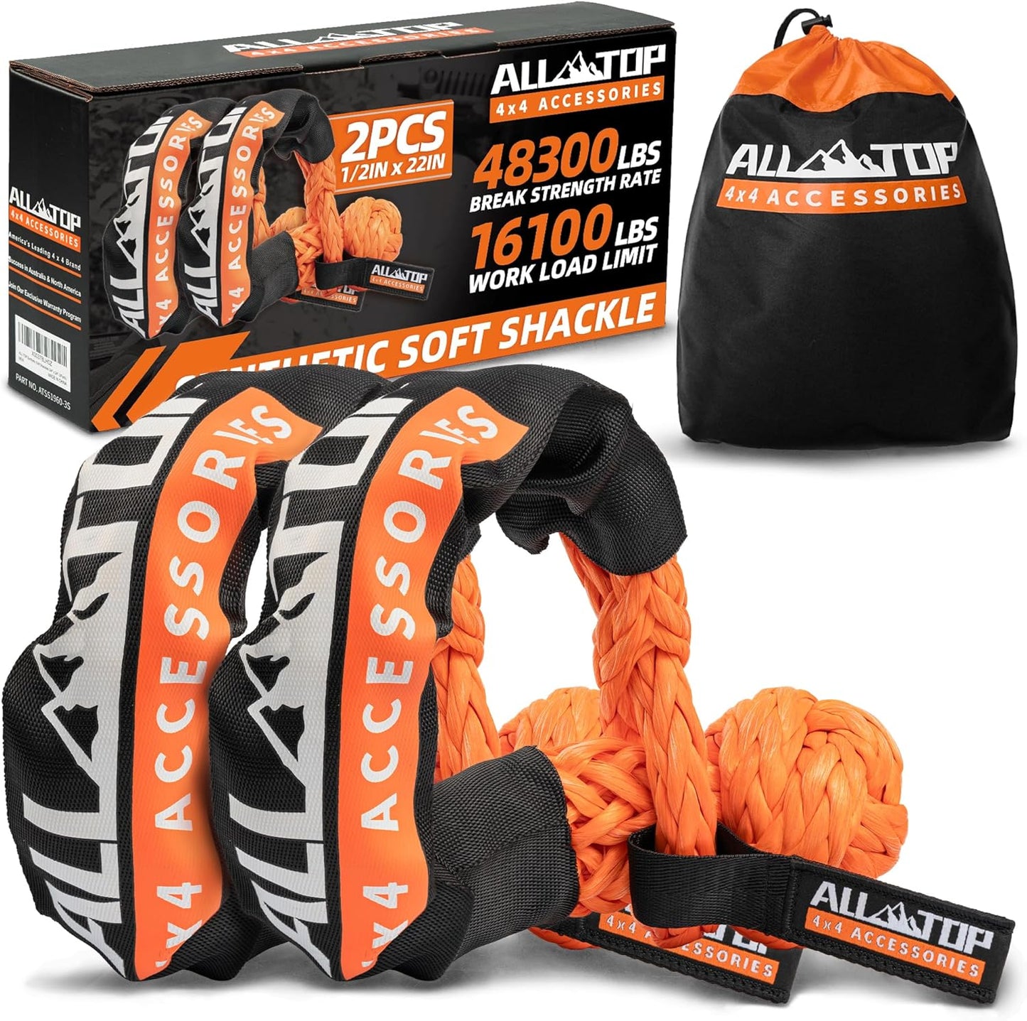 ALL-TOP Synthetic Soft Shackle Rope 1/2in x 22in (48300Lbs Max Break) UHMWPE Recovery Tow Shackles for Offroad 4x4 Vehicles, 2 PCS