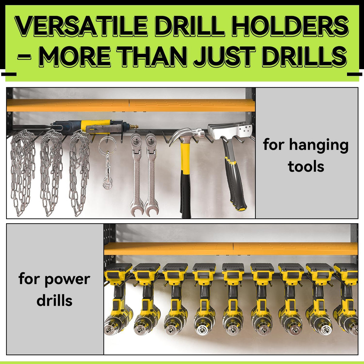 KAFAHOM Power Tool Organizer with Charging Station,9 Drill Holder Wall Mount,4 Layer Durable Metal Cordless Drill Storage for Garage Organization,Battery Tool Rack Built in 7 Outlet Power Strip-Yellow