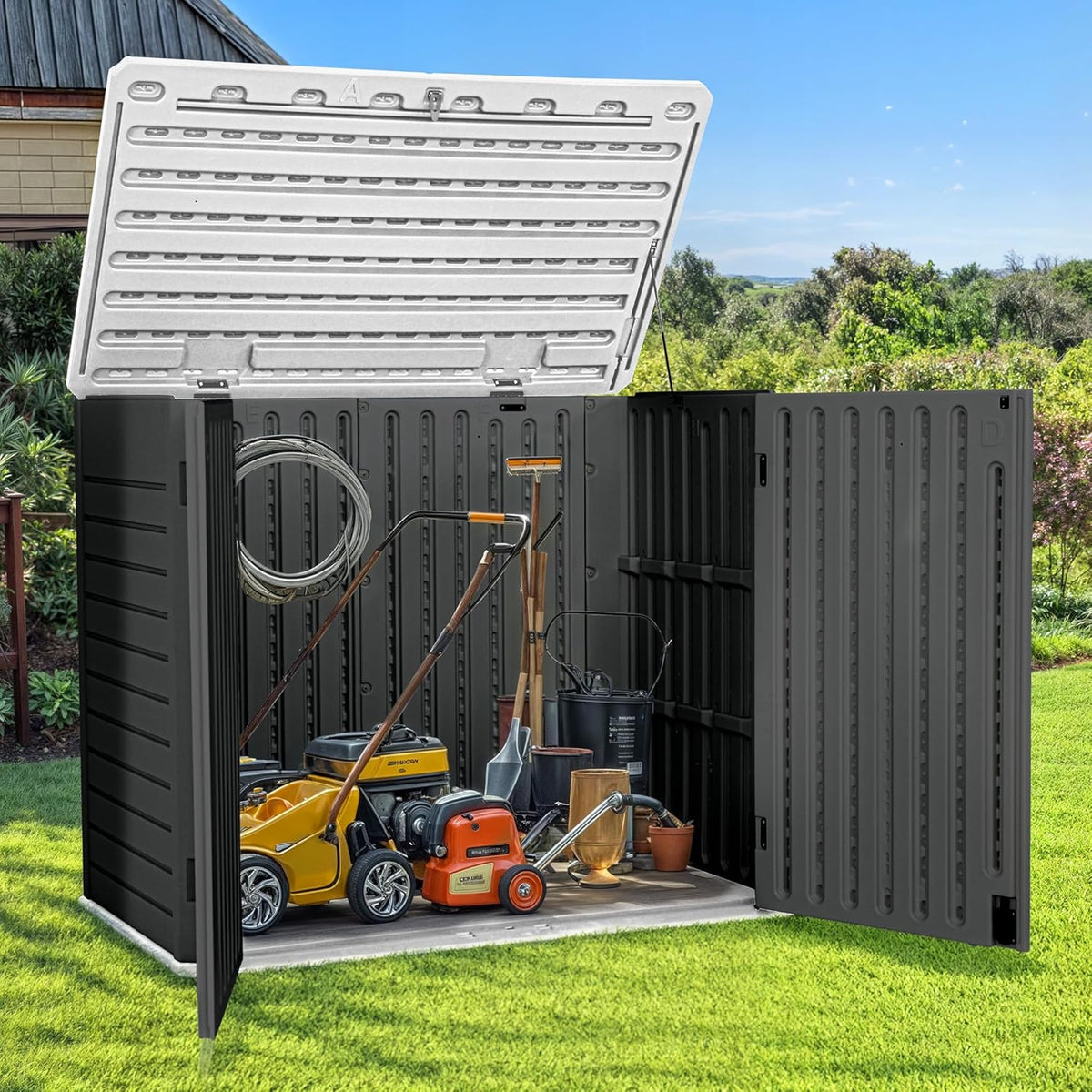GOOBED Horizontal Shed with Padlock Latch, Outdoor Storage Shed for Backyard and Garden, 35 Cu Ft Small Storage, Waterproof, Easy Assembly, Dark Gray