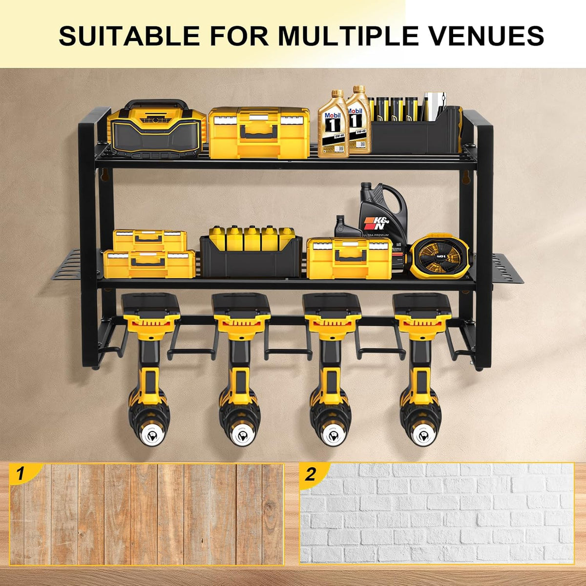 Power Tool Organizer Wall Mount, 2 Pack 3 Layers Garage Wall Shelving, 8 Drill Holder Wall Mount, Cordless Tool Organizer, Garage Storage Rack with 4 Extension Cord Holder