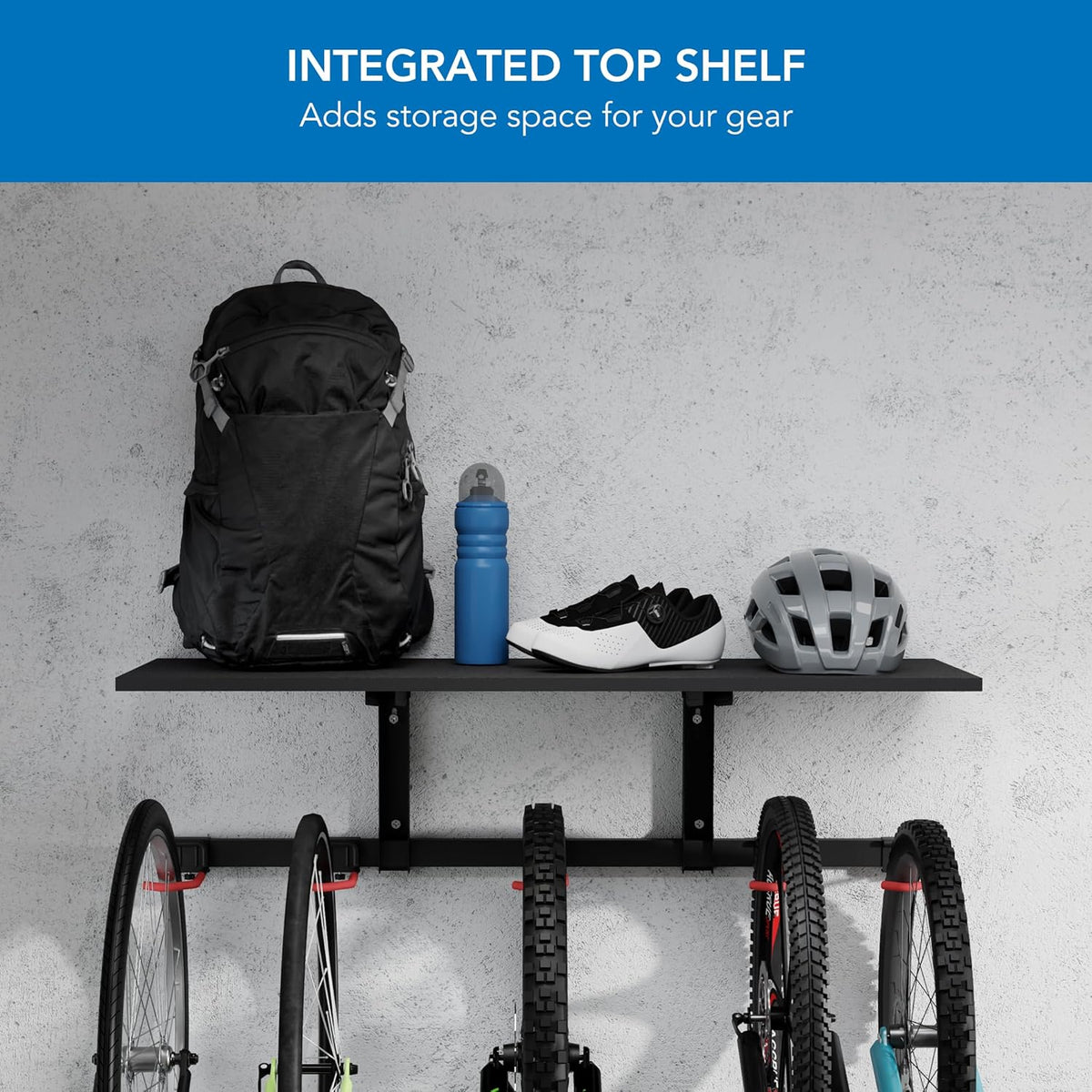 Mount-It! WheelsUp Bike Storage Rack with Shelf | Wall Mounted Garage Organizer Holds 5 Bikes | Adjustable Padded Hooks, Max Capacity 385 lbs | Space-Saving Solution