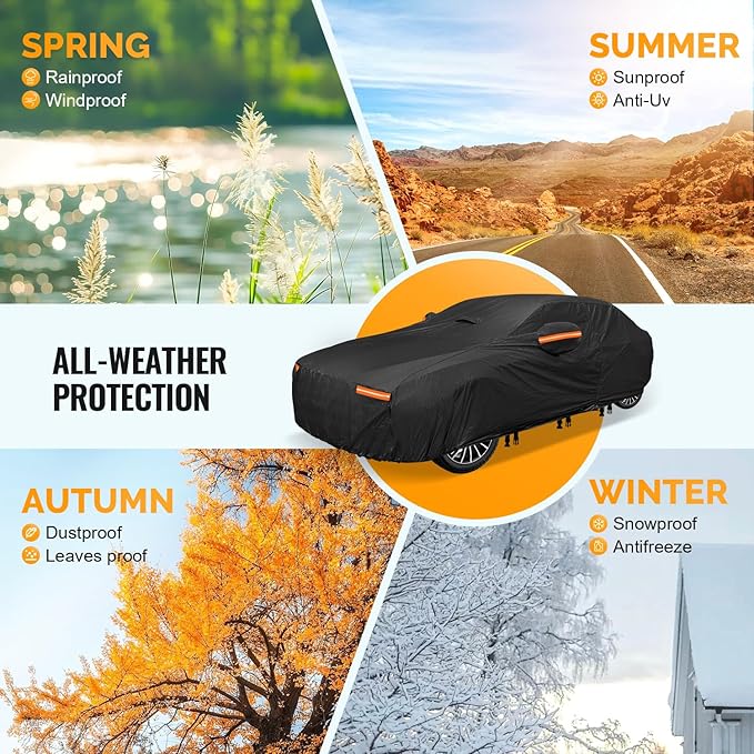 30 Layers Car Cover for Automobiles All Weather Waterproof, Outdoor Snowproof UV Protection Windproof, Door Zipper, Soft Cotton, Heavy Duty Universal Car Covers, (Black, Fit Sedans 201"-210")