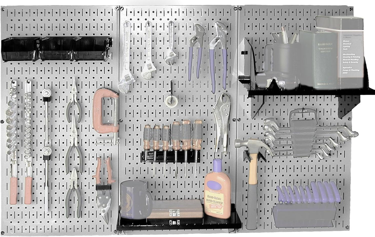 Wall Control 30-WRK-400GB Standard Workbench Metal Pegboard Tool Organizer, Gray/Black & Pegboard Paper Towel Holder and Dowel Rod Shelf Assembly for Slotted Tool Board Black