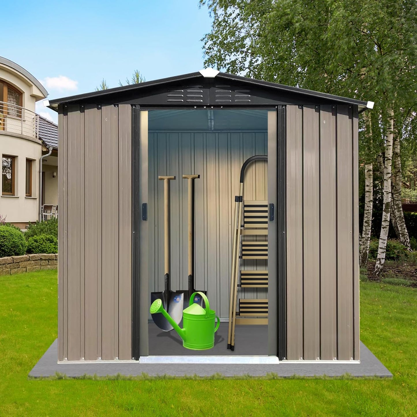 4 x 6 FT Metal Garden Shed, Outdoor Storage Shed with Sliding Doors, Rust-Resistant Steel Construction for Tools, Hobbies & Workshop Use, Brown