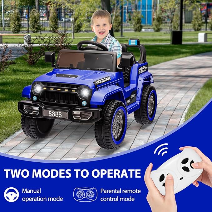 12V Kids Ride on Truck Car, 4 Wheeler Electric Vehicles with Remote Control, Spring Suspension, 3 Speeds, LED Lights, Music, MP3, Battery Powered Ride on Toy Gift for Boys Girls, Dark Blue