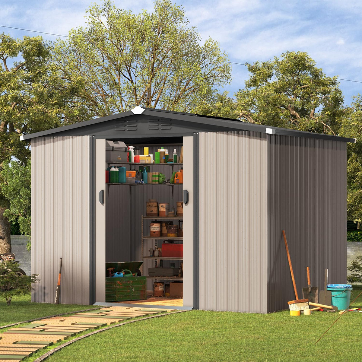 U-MAX 8 x 6 Ft Outdoor Shed, 6x8 Outdoor Storage Metal Cabinet Sheds & Outdoor Storage Clearance (Sliding Door), Garden Metal Shed for Yard in Grey