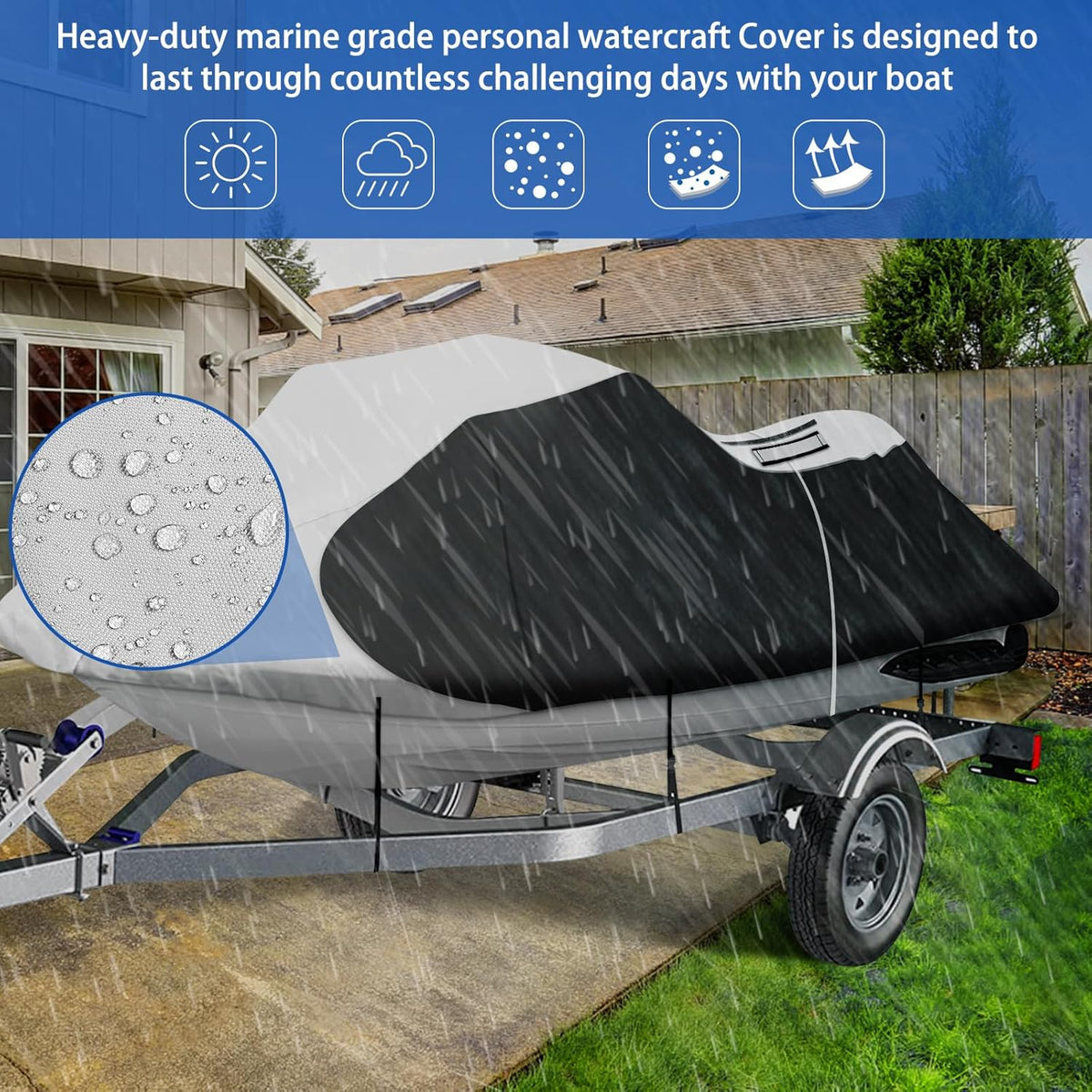 iCOVER Jet Ski Cover- Water Proof Heavy Duty Trailerable Personal Watercraft Covers for Seadoo Kawasaki Yamaha Wave Runner, Fits PWC Models Up to 135in Long