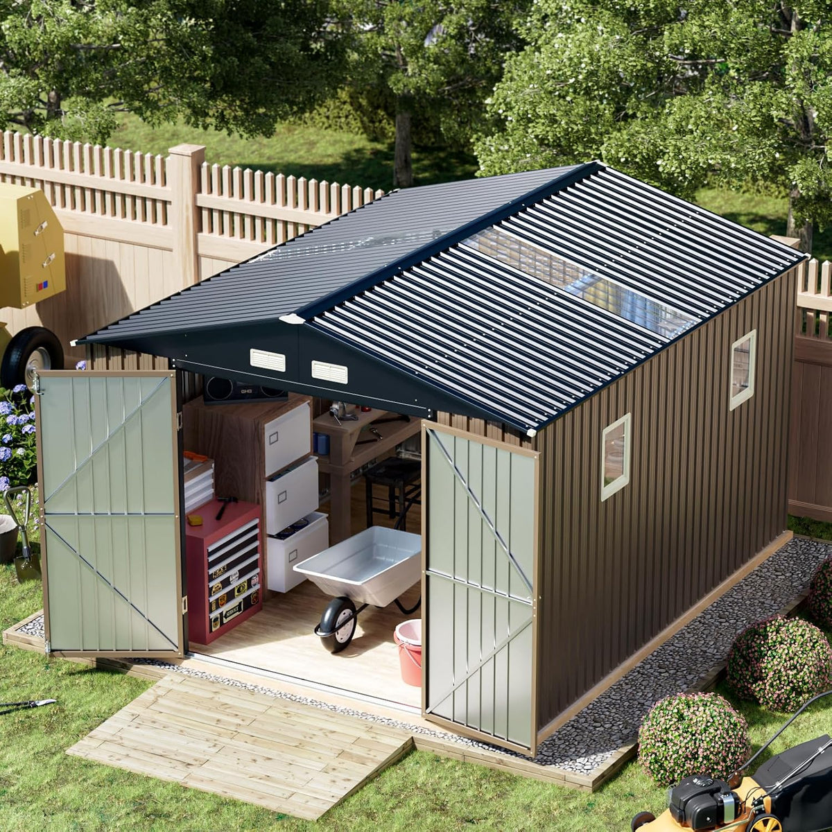 Breezz Outdoor Storage Shed 10 x 12 ft. Utility Tool Shed Metal Storage Garden Shed with Lockable Doors & Windows for Patio Storage,Brown