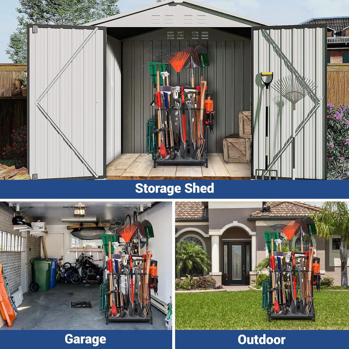 Garden Tool Organizer, Yard Tools Rack Holds 55 Long-Handled Tools/Rakes/Brooms for Garage Organization and Storage, Shed, Outdoor, Lawn, Heavy-Duty Steel, Black, Easy Assembly
