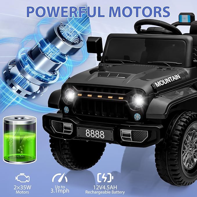 12V Kids Ride On Truck Car, Battery Powered Electric Vehicles with Remote Control, Spring Suspensions, 3 Speeds, LED Lights, Music, MP3, Ride On Toy Car for Children Toddles Boys Girls, Black