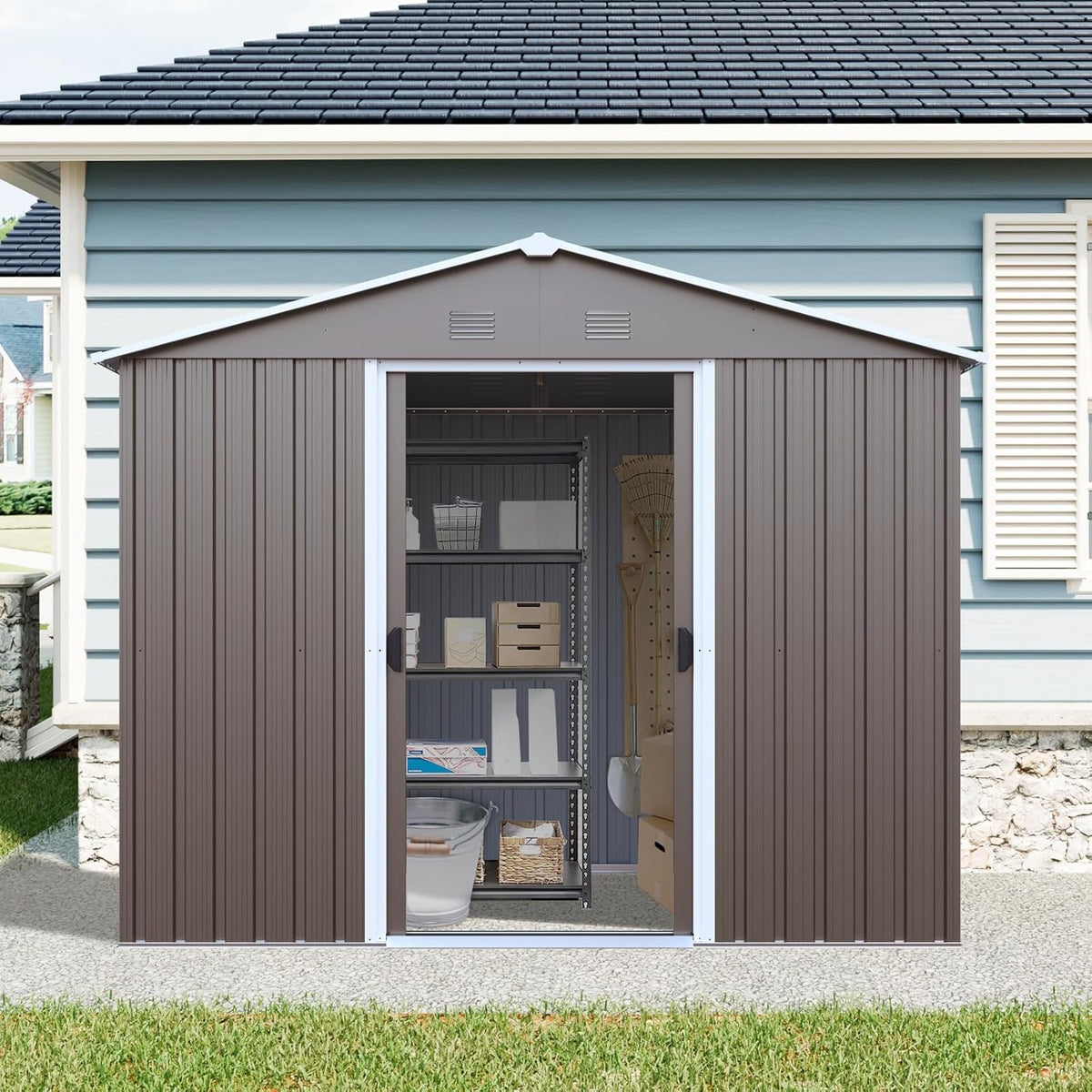 4x8 FT Outdoor Storage Shed, Metal Garden Shed with Frame Floor, Outside Tool Shed with Window, Waterproof Storage Building with Lockable Sliding Doors & Sloped Roof for Backyard, Patio, Warm Gray