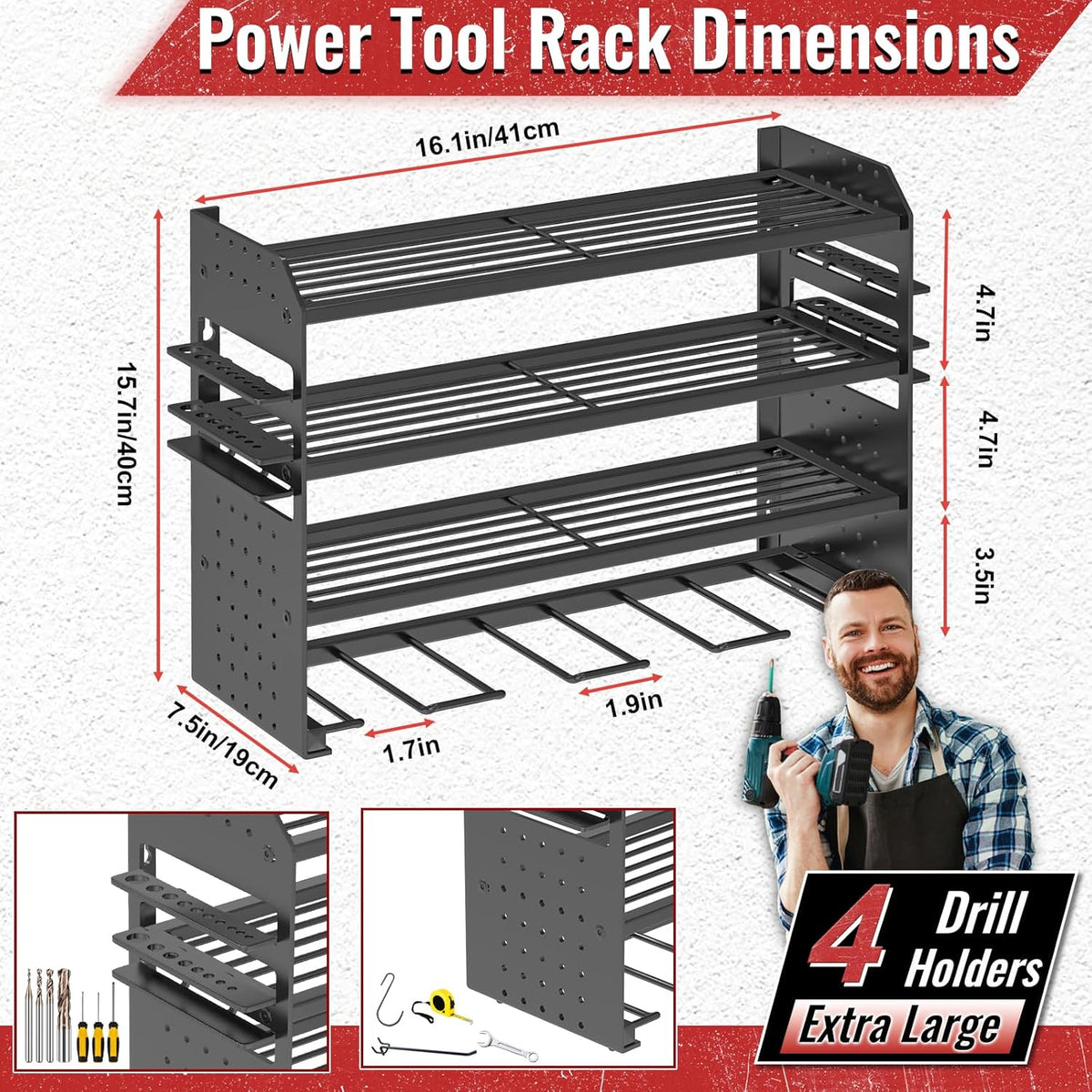 Power Tool Organizer Wall Mount, Metal Power Tool Storage Rack with Screwdriver Holder, Garage Tool Storage Shelves with Screwdriver Holder Plier Holder (Black, 4 Drills Holder)