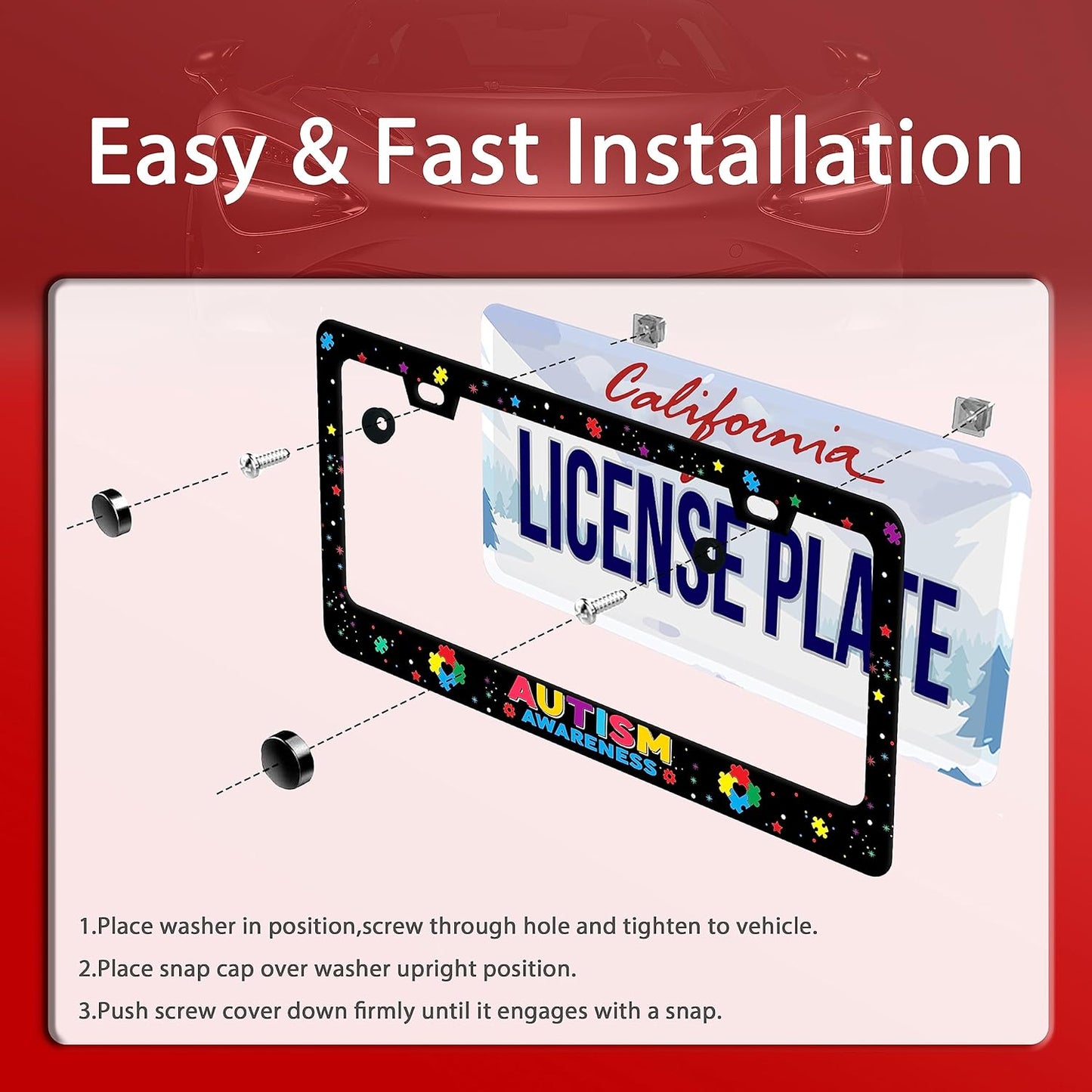 Autism Awareness License Plate Frame License Plate Stainless Steel Parts Colorful License Plate Decorative with Screws Size 12.3" x 6.3" Men Women