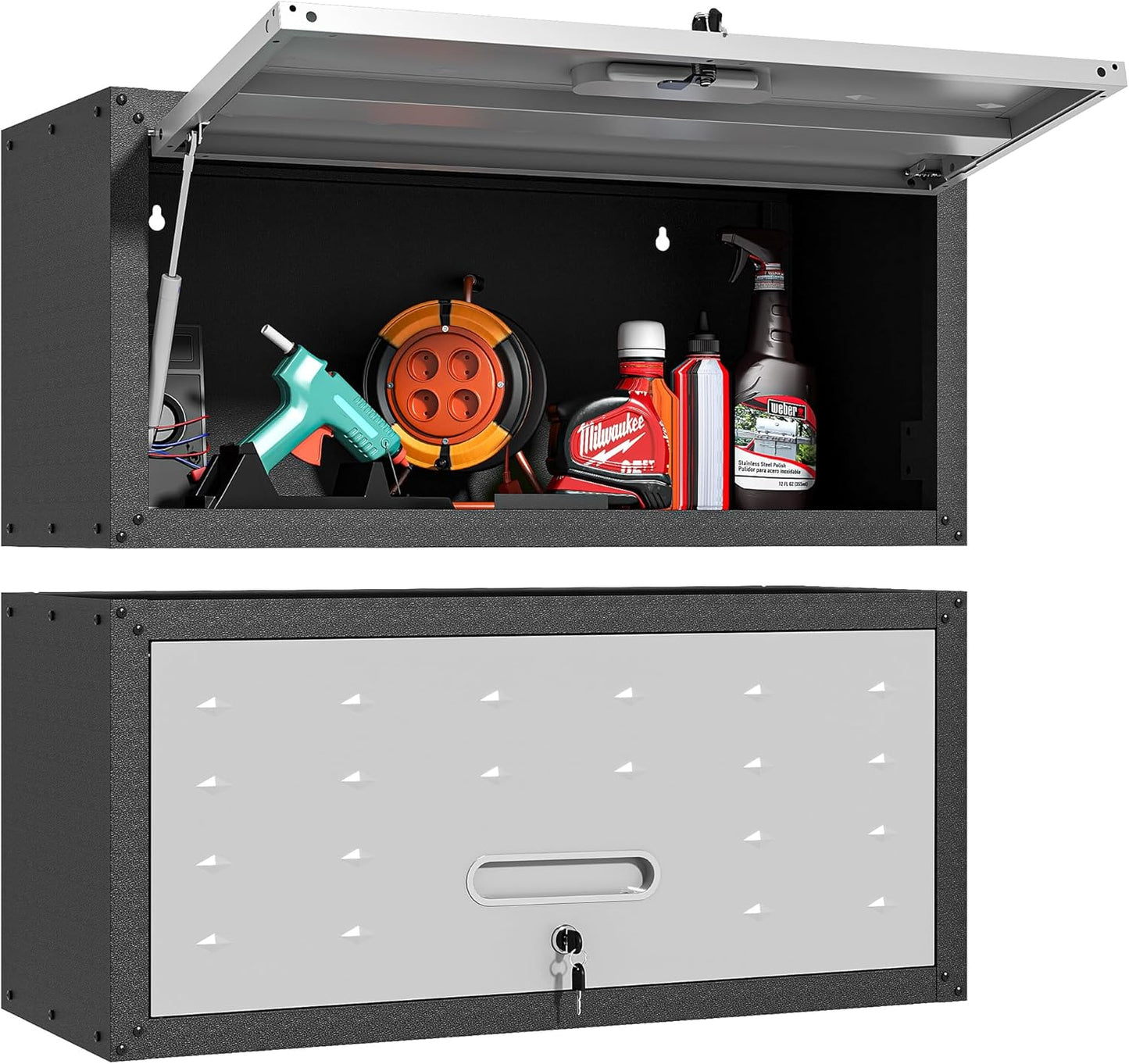 Garage Wall Cabinet with Flip-Up Door, Lockable Metal Storage Cabinet Wall Mounted, Hanging Tool Cabinet for Garage Basement Utility Room (Black &Grey)