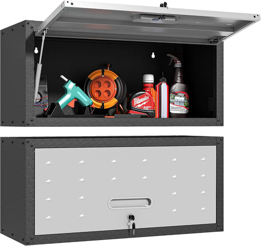Garage Wall Cabinet with Flip-Up Door, Lockable Metal Storage Cabinet Wall Mounted, Hanging Tool Cabinet for Garage Basement Utility Room (Black &Grey)