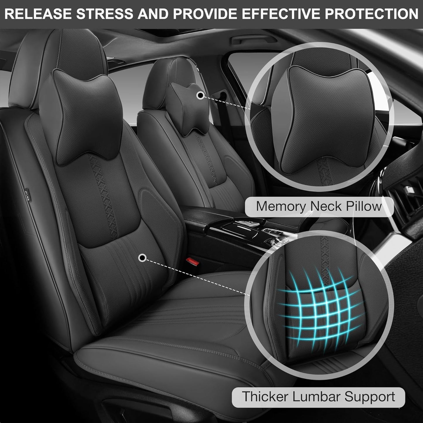 Car Seat Covers Full Set, Front and Rear Seat Covers for Cars, Waterproof Leather Auto Seat Protectors with Head Pillow, Car Seat Cushions Fit for Most Sedans SUV Pick-up Truck, Gray