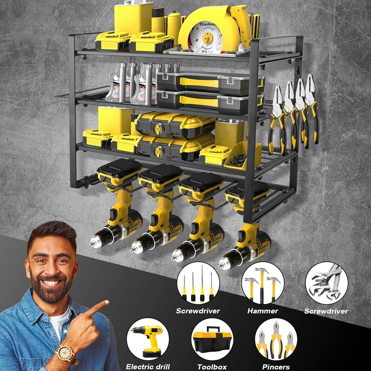 Power Tool Organizer Wall Mount, 2 Pack 4 Layers Garage Wall Shelving, 8 Drill Holder Wall Mount, Cordless Tool Organizer, Garage Storage Rack with 4 Extension Cord Holder
