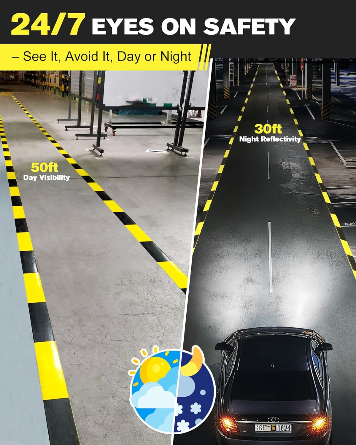 Floor Marking Tape,2 INx108FT Strong Adhesive Caution Tape,High Durability Warning Safety Tape for Indoor/Outdoor-Warehouses,Factories,Parking Lots,Retail Locations,Black&Yellow,3 Rolls