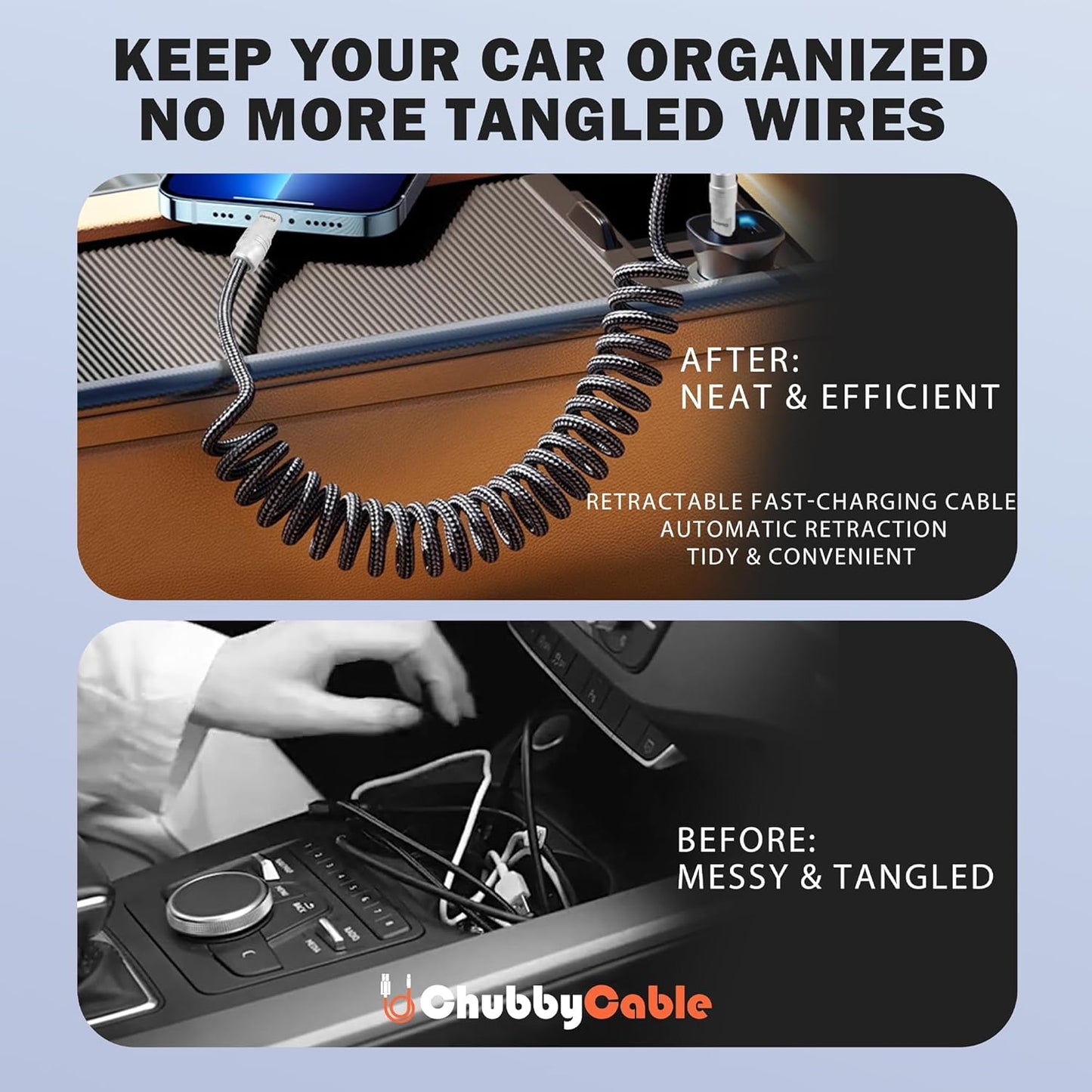 chubbycable Curly Chubby - Retractable Fast Charging Cable 240W Coiled Charger Cord for Car Durable USB-C Cable for Phones, Tablets and More, Purple, USB-A to Type-C, 1.3FT-2.3FT