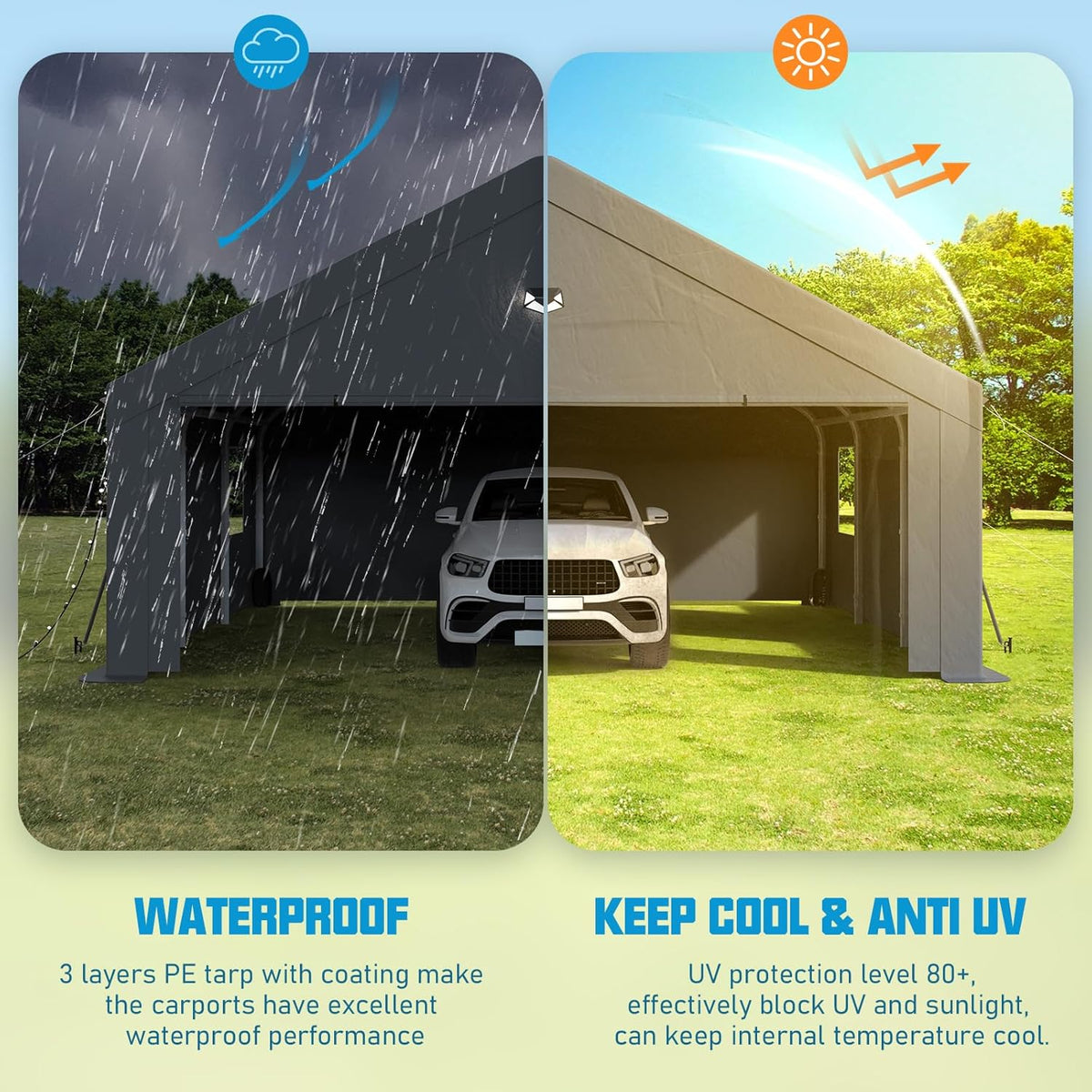 20x20 Carport Canopy, Heavy Duty Car Port, Portable Car Ports Garage with 2 Roll-Up Zipper Drive Through Doors, Grey