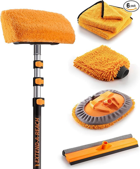 Car & RV Wash Brush Kit 48-144״ Long Extendable Handle Car, RV, Truck Washing Kit with Extension Pole - Microfiber Car Mop, Soft Washing Brush, Window Squeegee, Mitt, The Ultimate RV-Wash Cleaning Kit