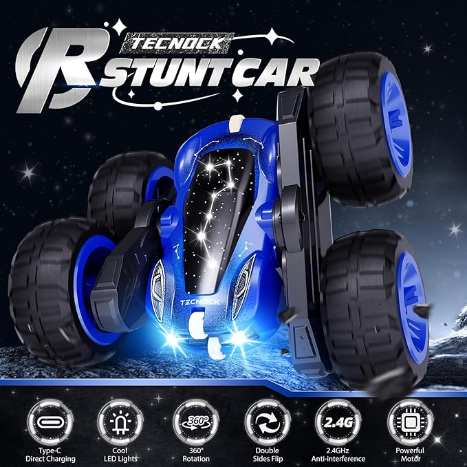 Tecnock Remote Control Car, 2.4GHz RC Cars with USB-C Easy Charging, 4WD Double Sided 360° Rotates and Flips RC Stunt Car, Toys Gift for Boys and Girls
