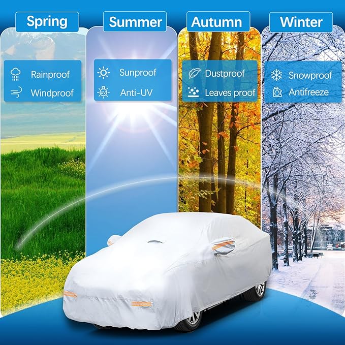 30 Layers Heavy Duty SUV Car Cover for Automobiles All Weather Waterproof, Outdoor Snowproof UV Protection Windproof, Door Zipper, Soft Cotton Universal Car Covers (Silver, Fit SUV 171"-180")