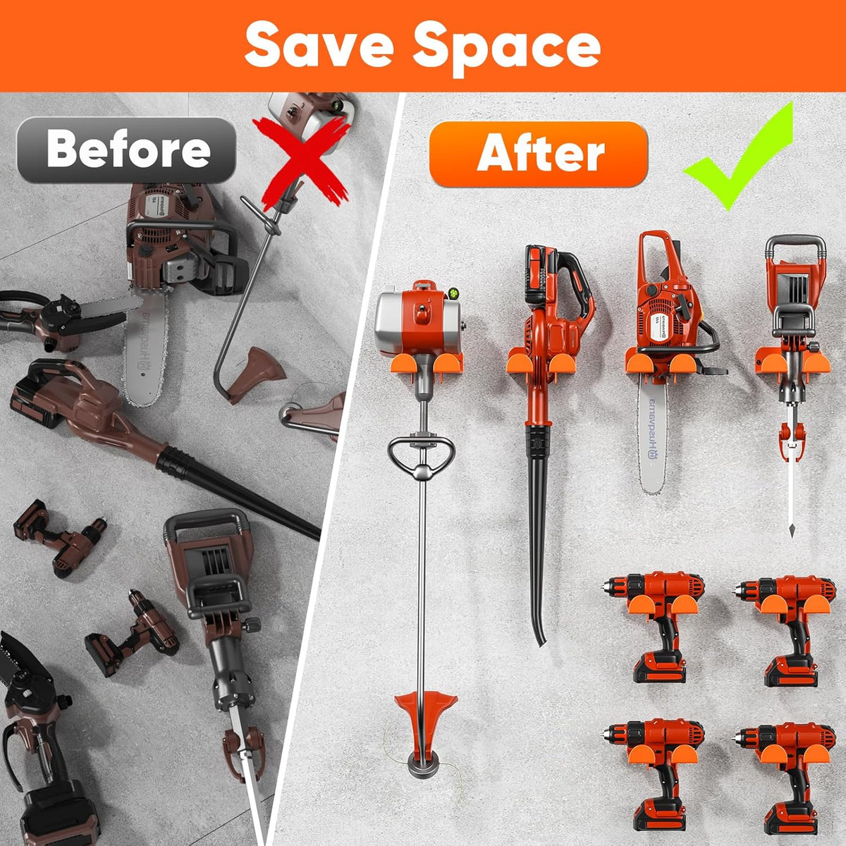 Weedeater Hanger, 2 Pack Garage Organize Grass String Trimmer Rack, Heavy Duty Metal Weed Eater Holder Wall Mount Save Space, Garden Tool Storage Rack Loads 25lbs, Weed Wacker Hooks for Garage