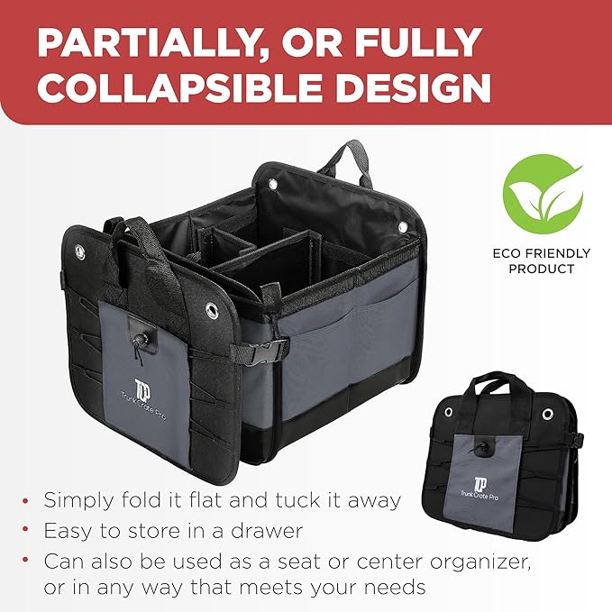 TRUNKCRATEPRO Trunk Organizer For Car, Suv, Truck | Premium Adjustable Multi Compartments Collapsible Car Trunk Organizer With Securing Straps & Non-Slip Bottom (Large Size, Grey)