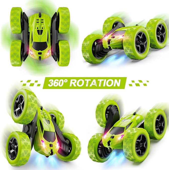 Remote Control Car for Kids Ages 6+, RC Cars Stunt Car Toy 4WD Double Sided 360° Rotating Remote Control with Headlights, Birthday Xmas Gifts for Boys 6 7 8 9 10 11 12 Green