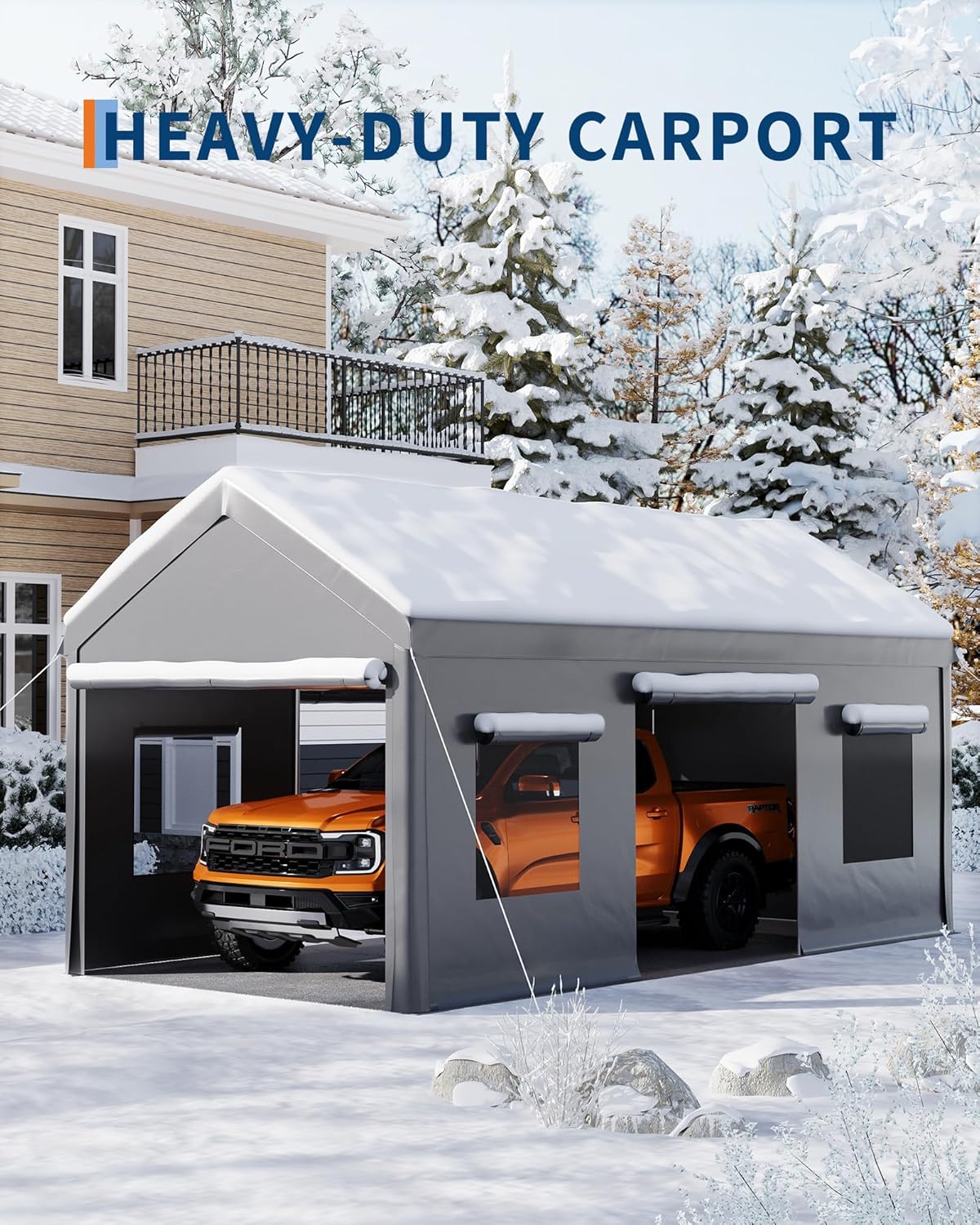 10 x 20ft Heavy-Duty Carport with Roll-Up Windows & Removable Sidewalls & Doors Thickened Wind Ropes, Ground Nails, Portable Car Tent Garage for Cars, Trucks, Boats, 180G Durable Tarp Cover,Grey