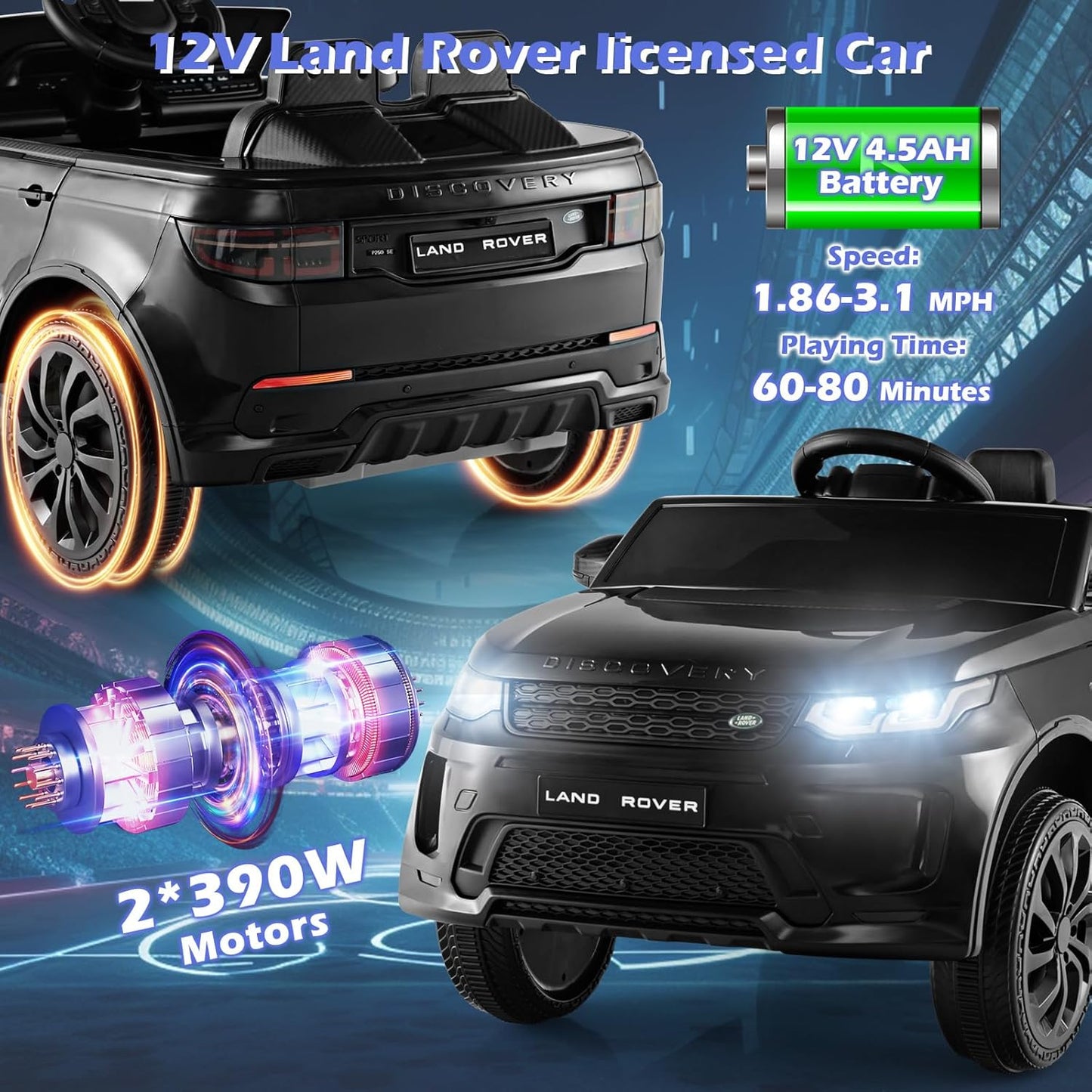 Costzon 12V Kids Ride On Car, Licensed Land Rover Electric Vehicle w/Remote Control, Lockable Doors, Slow Start System, LED Lights & Speed Switch Sound, Music & Horn, MP3 & USB (Black)