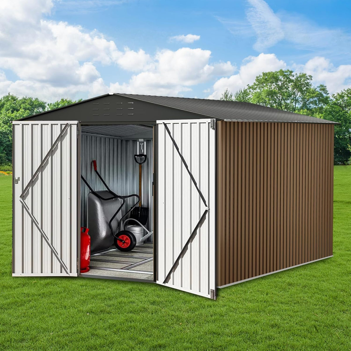 Outdoor Storage Shed,8x8 FT Metal Garden Shed with Lockable Doors & Slooping Roof,Updated Reinforced Door,Tool/Bike Sheds for Backyard, Patio, Poolside,Garage