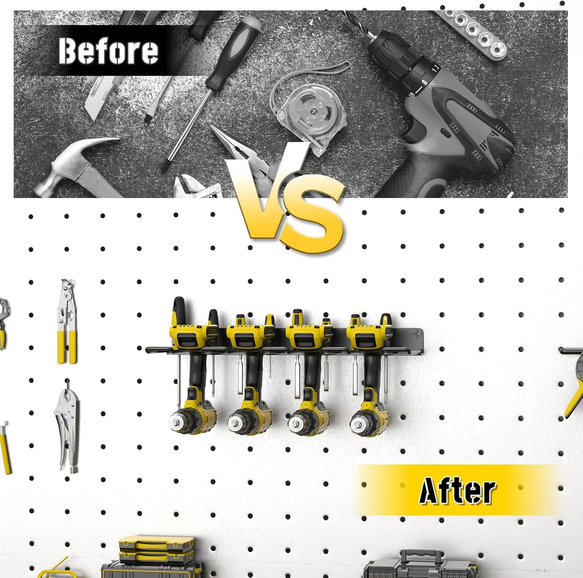 Power Tool Organizer,Drill Holder Wall Mount, 4 Cordless Drill Racks, Heavy Duty Metal Drill Organizer Utility Storage Rack for Garage Workshop Shed Pegboard Basement,1 Pcs