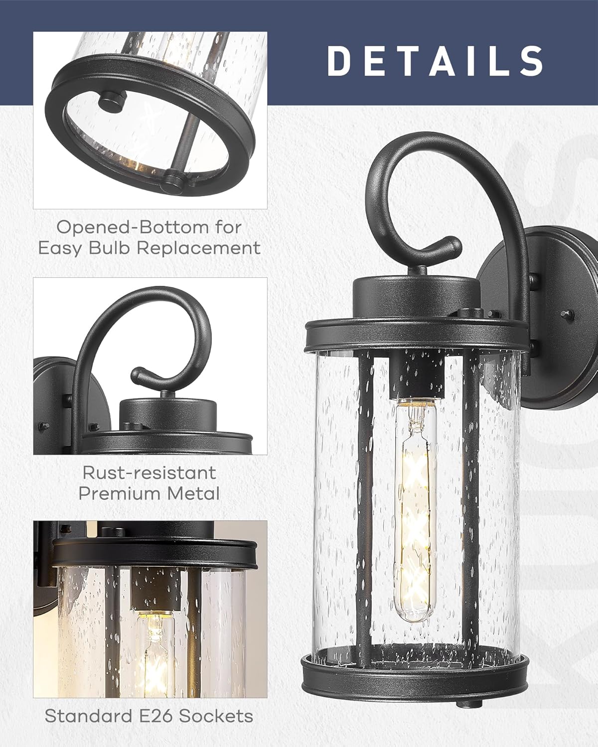 kudos Porch Lights Outdoor, 15.8 inch Large Cylinder Wall Light, E26 Sockets, Anti-Rust Waterproof Light Fixtures Wall Mount for Patio, Black with Seeded Glass, KDOWL01-BK-L