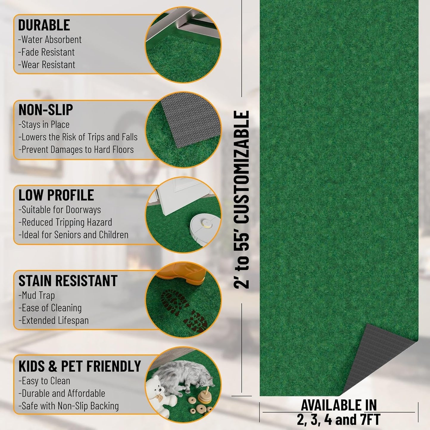 Ottomanson 2' x 19' Hallway Runner with Scraper Pile Extra Durable Non-Slip Rug Mat for Indoor & Outdoor Use - Ideal for Kitchen, Entryway, Patio & Garage - High-Traffic Carpet, Green