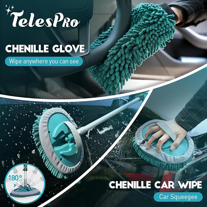 12FT Car Wash Brush with Long Handle, Car Cleaning Kit with Soft Wash Brush, Tire Brush, Window Squeegee, Microfiber Cleaning Head, Mitt, for House Siding, Auto Cars, Trucks, SUV, RV, Floors