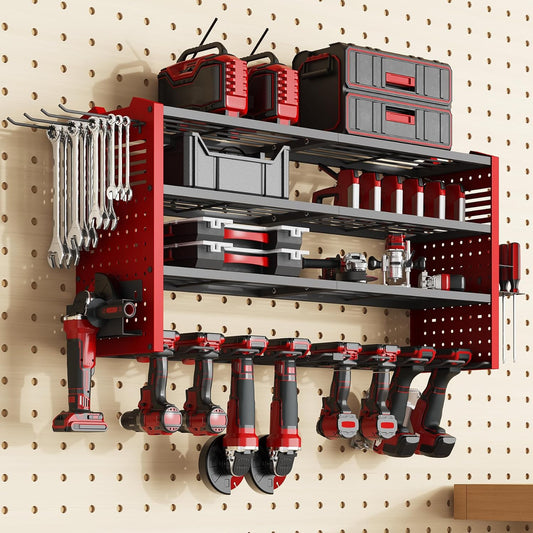 Tomorotec Wall-Mounted Power Tool Storage Rack for Drill, Toolbox & Accessories, Heavy-Duty Steel Organizer with Side Hooks and Adjustable Shelves, Easy Installation Garage & Workshop Storage (Red)
