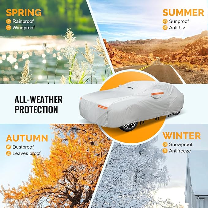 30 Layers Car Cover for Automobiles All Weather Waterproof, Outdoor Snowproof UV Protection Windproof, Door Zipper, Soft Cotton, Heavy Duty Universal Car Covers, (Silver, Fit Sedans 191"-200")