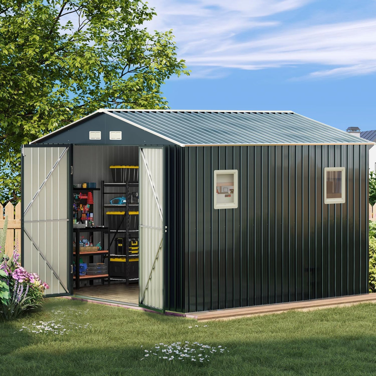 Breezz Outdoor Storage Shed 10X10FT. Utility Tool Shed Metal Storage Garden Shed with Lockable Doors, Windows & Metal Frame Floor for Patio Storage, Nightblue