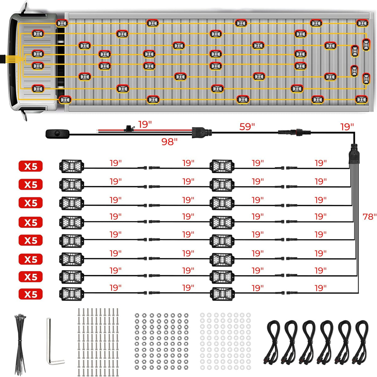 40 Pods Pure White LED Rock Lights Kit with Switch Wiring Harness,6500K 1080 LEDs Bright Rock Lights for Trucks,Waterproof Underglow Light for Car Jeep Off Road ATV UTV SUV