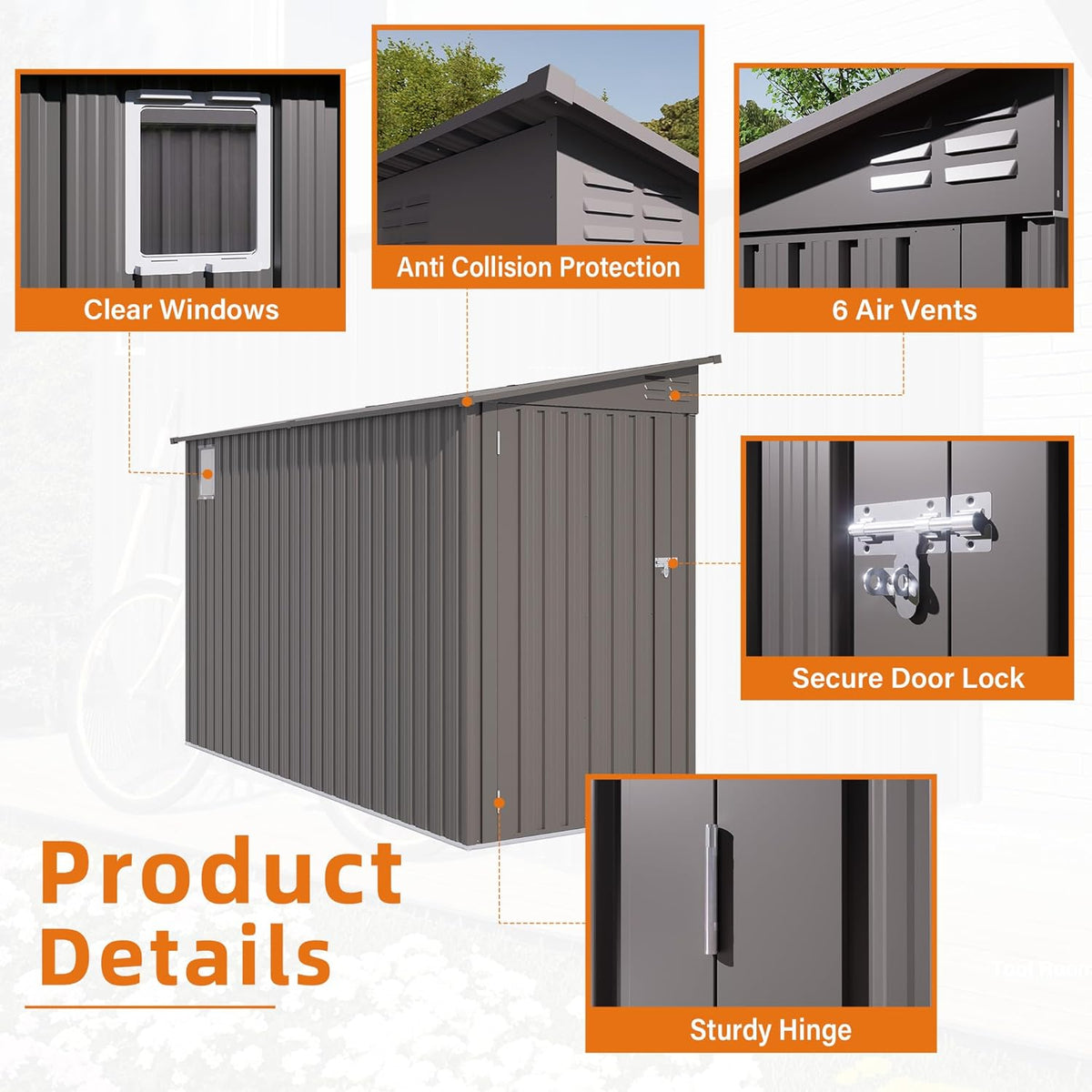 4x9 FT Outdoor Metal Storage Shed with Sloping Roof, 2 Vents and 1 Side Door, Weather-Resistant Galvanized Steel Garden Tool House for Backyard, Patio, Lawn, Garage