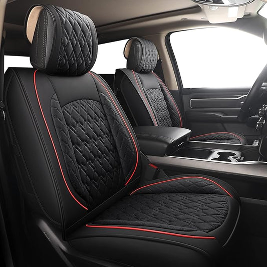 JOJOBAY Car Seat Covers for Dodge Ram Full Set,Fit Ram 2009-2025 1500/2500/3500 Pick-up Truck,Crew,Regular,Quad,Mega Cab,Waterproof Leather Seat Covers Protectors（5 PCS Full Set,Black/Red）
