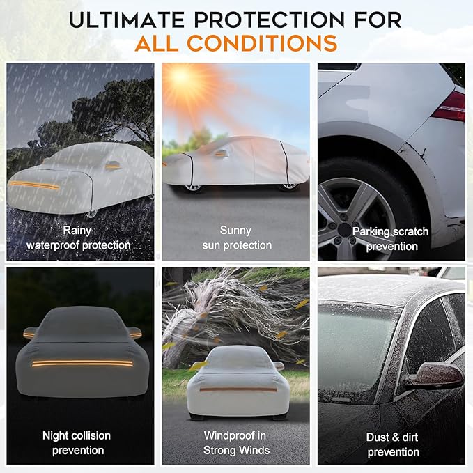 Waterproof Hatchback Car Cover: 6-Layer Protection from Rain, Snow, UV & Dust - Universal Fit up to 169 inches with Zipper Door & Windproof Straps for Outdoor, Garage, Travel Use,Silver