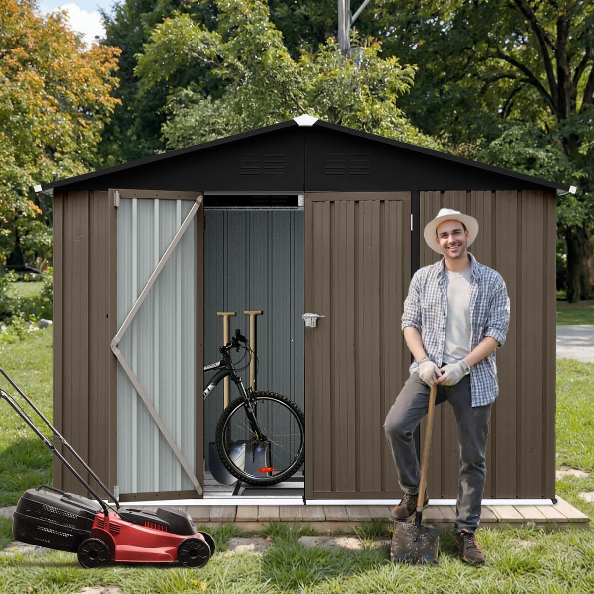 8 x 6 FT Outdoor Storage Metal Shed, Bike Garden Tool Shed with Slooping Roof, Lockable Doors and Aluminum Frames, Shed Easy to Assemble for Garden, Patio, Lawn, Brown