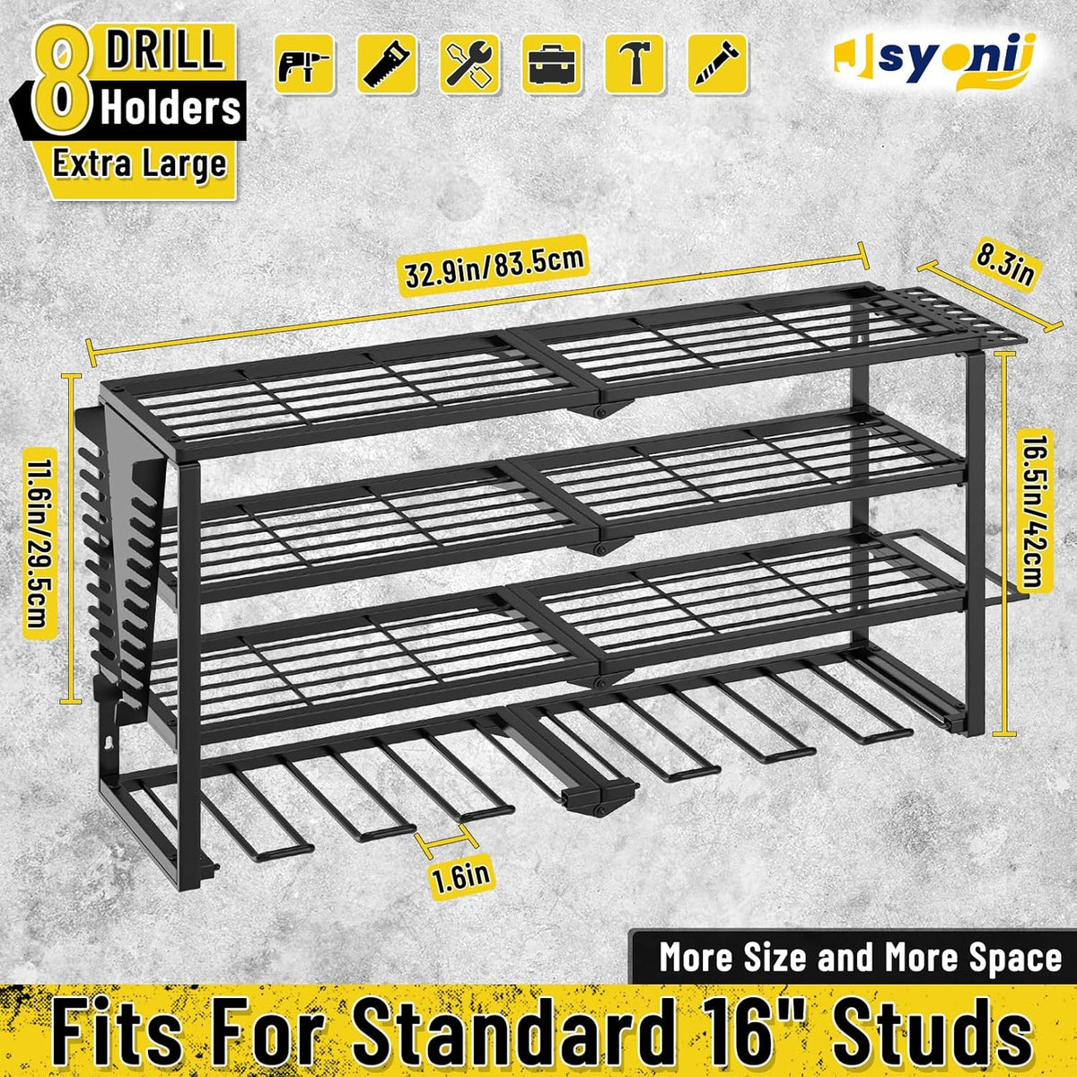 Heavy Duty Power Tool Organizer Wall Mount, Cordless Drill Hanger Storage Rack, Battery Tool Holder Utility Rack with Side Wrench Rack for Garage Workshop-32 Inch 8 Slots