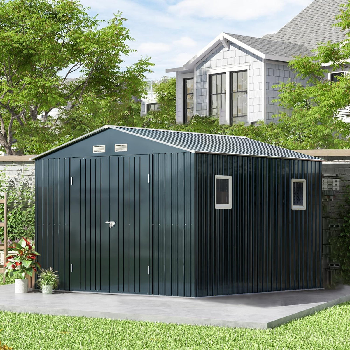 Breezz Outdoor Storage Shed 10X10FT. Utility Tool Shed Metal Storage Garden Shed with Lockable Doors, Windows & Metal Frame Floor for Patio Storage, Nightblue