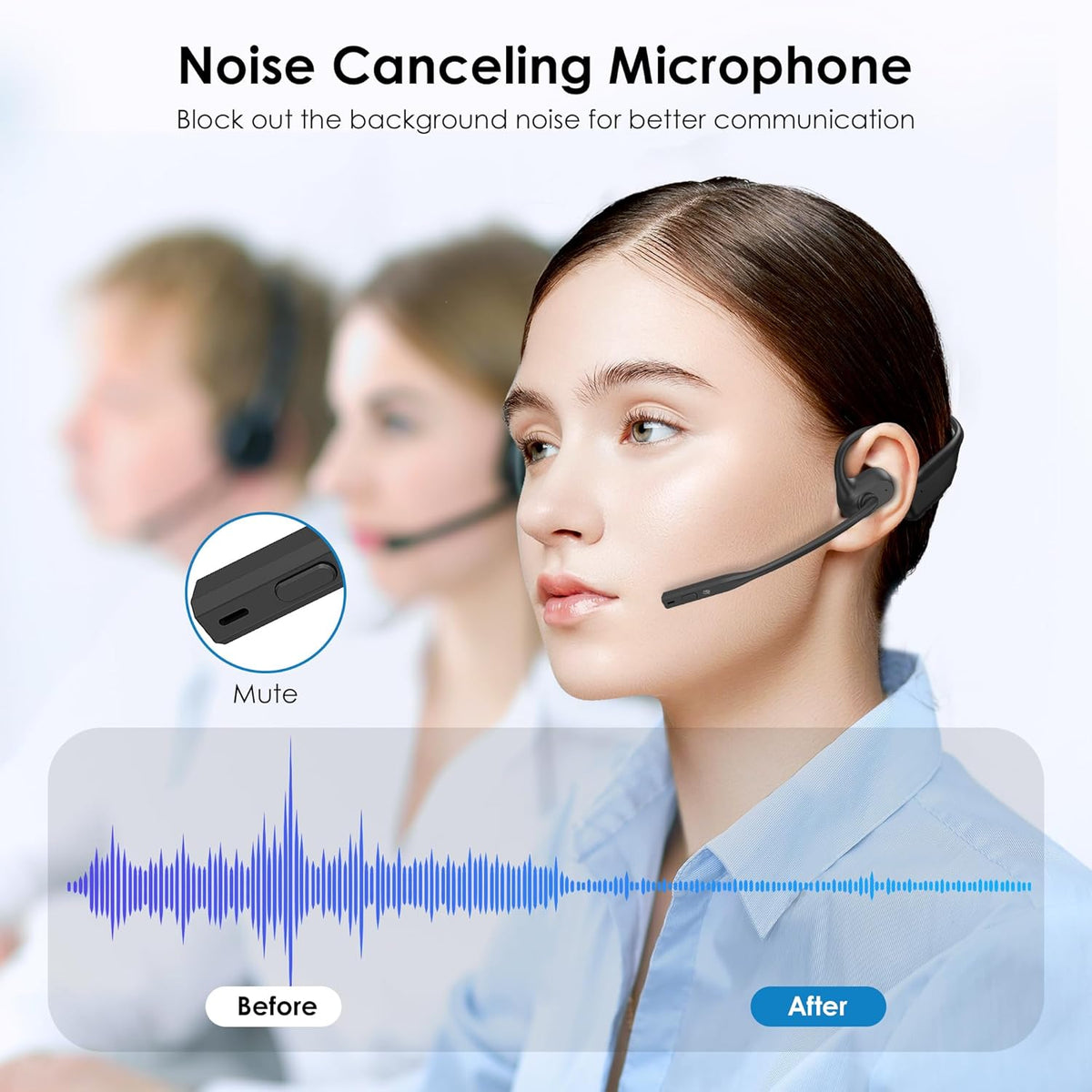 Open Ear Headphones with Mic, Bluetooth Headset with Microphone, Dual Connect Bluetooth 5.3 with AI Noise Cancelling Mic & Mute Function, Wireless Headset for Work, Sports, Drive
